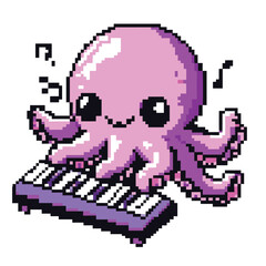 Fototapeta premium Pixel Art Octopus Playing Keyboard Cute Retro Music Illustration