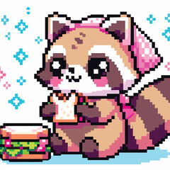 Fototapeta premium Cute Pixel Art Raccoon Enjoying a Sandwich with Sparkles