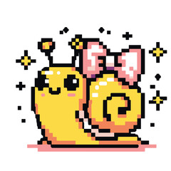 Fototapeta premium Cute Pixel Art Snail with Bow and Sparkles