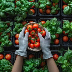 hands in gray gloves holding a basket of red tomatoes, against a background of tomato and basil in black containers
