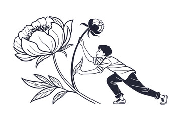 Fototapeta premium Black and White Illustration of a Person Pulling a Large Flower Artistic Conceptual Design