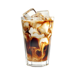 Iced Coffee with Creamy Milk Swirl and Ice Cubes 
 Isolated on Transparent Background,Refreshing Cold Drink,iced Coffee with Milk,coffee and creamy milk, tall glass, ice cube detail,coffee lovers,Ai