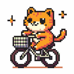 Obraz premium Adorable Pixel Art Cat Riding a Bicycle with Sparkles