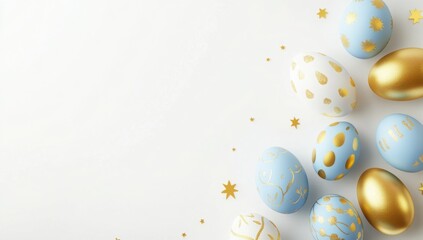 Elegant Easter: Golden and pastel eggs scattered on a white background with stars