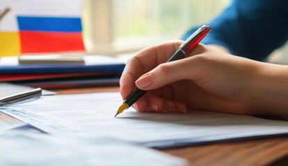Hand signing a document with pen with national flag in background Formal signing