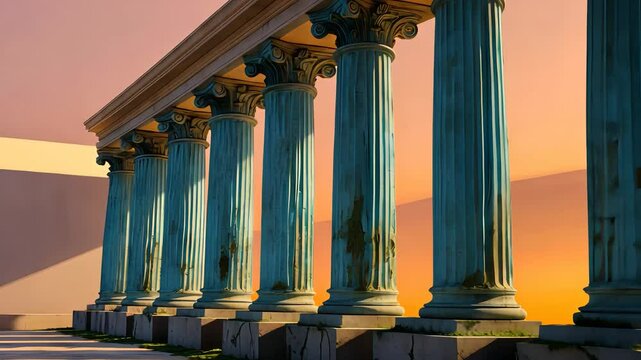 An artistic view of ancient, weathered columns standing tall in a row, creating a majestic architectural scene under the setting sun.

