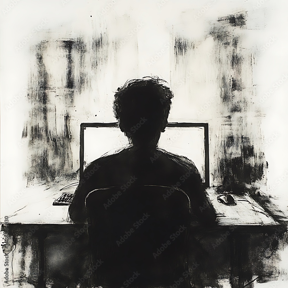Poster rear view of a person sitting at a desk in front of a computer, rendered in monochrome with a textur