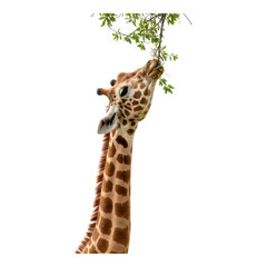 Obraz premium Giraffe holding leafy branch in mouth with tall neck extended