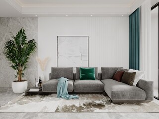 Mock up of a stylish living room with a velor corner sofa and a creative decorative background, 3D rendering.