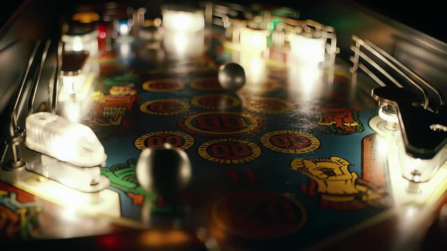 Close up retro pinball game action balls bouncing on playfield