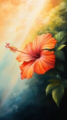 Orange blossom, green leaves, light, dark background, painted.