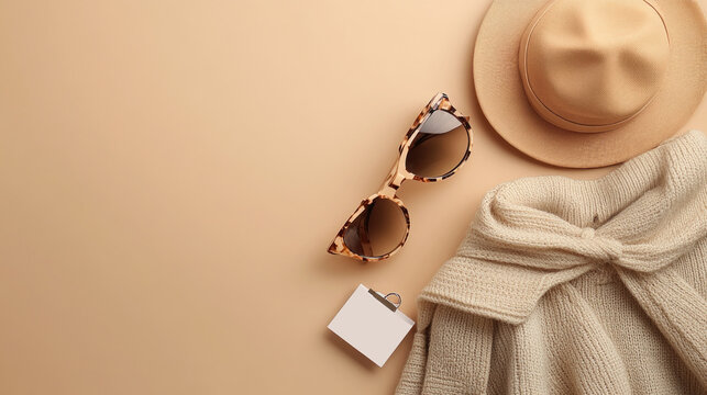 Stylish composition with scarf, hat, sunglasses and notepad on beige background. Great for fashion blogs, style articles, accessorizing