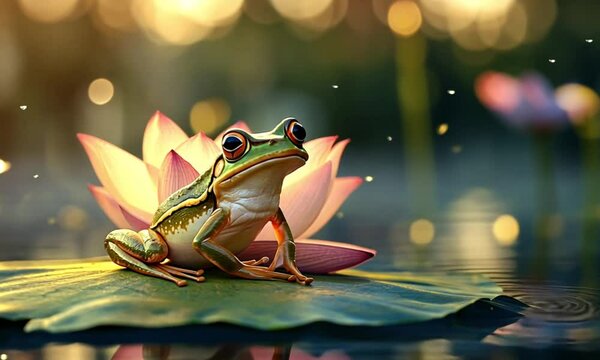 frog on lotus leaf in pond