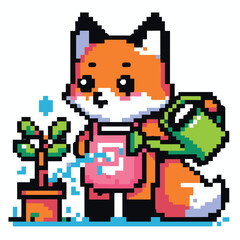 Pixel Art Fox Watering Plant with Cute Green Watering Can