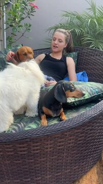 mulher com cachorros em casa 
