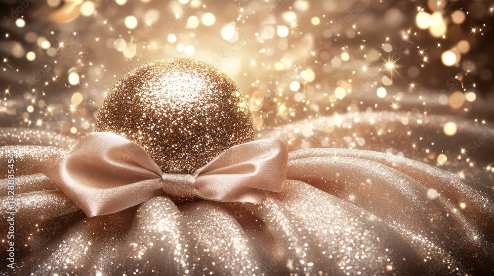 Poster golden glitter sphere nestled on shimmering fabric with a satin bow against a bokeh backdrop creatin