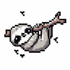 Obraz premium Pixel Art Sloth Hanging on Branch With Birds in Minimalist Design