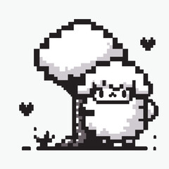 Obraz premium Cute Pixel Art Sheep and Tree with Hearts - Black and White Pixel Illustration