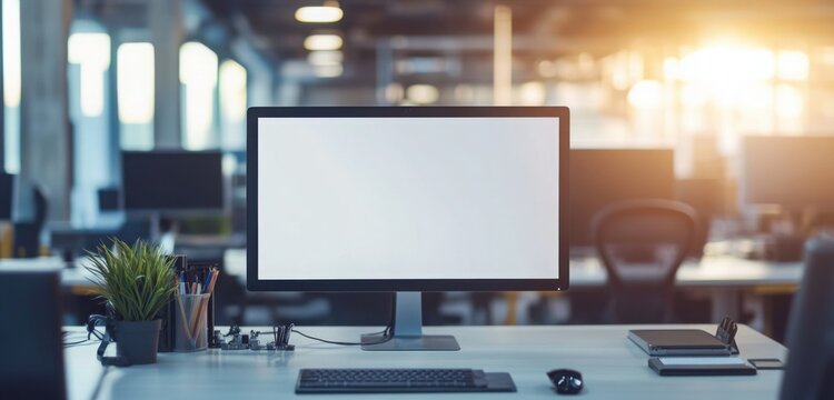 Office desktop setup featuring a blank computer screen keyboard and plant