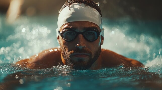 Swimmer in a swimming pool, focused look, sporty atmosphere. Suitable for advertising sports goods, fitness blogs, motivational posts.