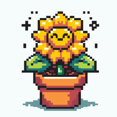 Obraz premium Pixel Art Smiling Sunflower in Pot – Retro Style Floral Illustration