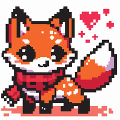 Fototapeta premium Pixel Art Fox with Red Scarf and Hearts Cute Illustration