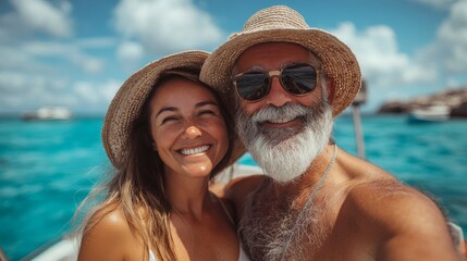 Obraz premium Couple in hats smiling in the background of the sea, yacht vacation. Advertising of tourist services, travel, cruises.