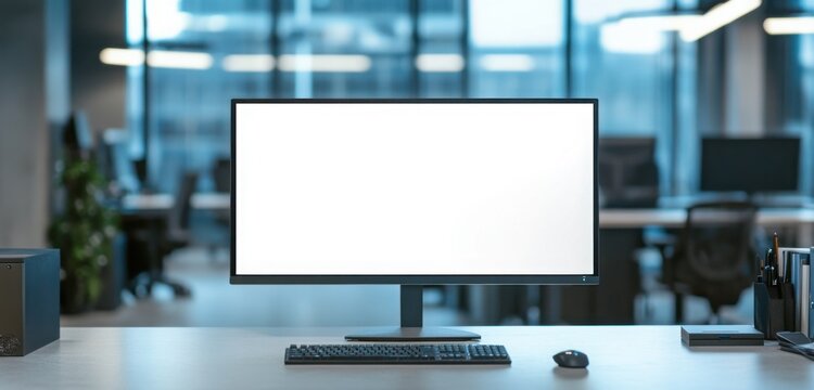 Modern office setup featuring a clean desk monitor keyboard and workspace ambiance