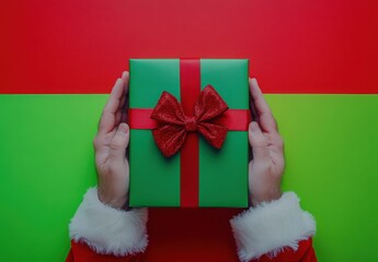Hands in Santa costume holding a green gift with red ribbon and bow on red/green backdrop