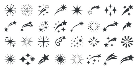 Collection Of Star Icons Twinkling Sparkles And Shooting Stars In Black And White Vector Art Style