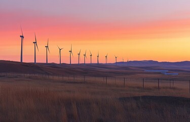 Wind turbines stand tall against the colorful sunset sky over a field