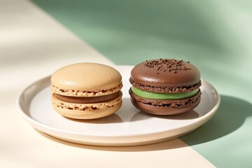 Two delicious macarons, one light beige and the other dark chocolate, sit on a white plate against a pastel backdrop