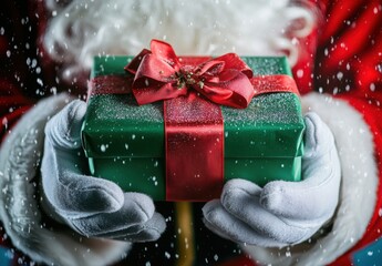 Holiday cheer: Santa presents a beautifully wrapped gift in a snowy Christmas scene