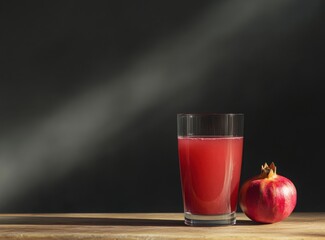 Pomegranate juice in glass with fruit against a dark background illuminated by light