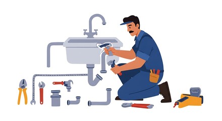 Professional plumber diligently fixing a sink, using various tools for plumbing repairs