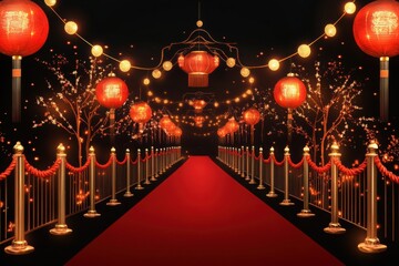 A long red carpet leads into the distance with lights and decorations overhead