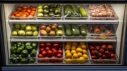 a refrigerated display case brimming with an array of fresh produce including tomatoes, cucumbers, peppers and lemons neatly arranged in clear plastic containers promising health and vibrancy
