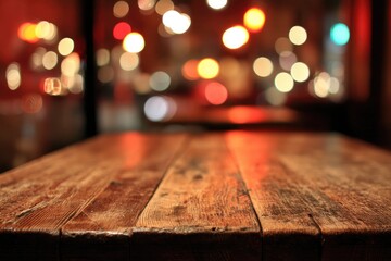 Rustic wooden table, city lights bokeh