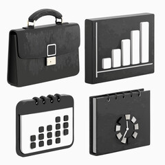 Design a set of 20 solid black business icons,  featuring  professional symbols for finance, marketing, management, and communication.  High resolution, minimal design.