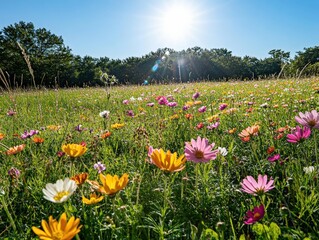 Obraz premium mayday celebration in a sunlit field, blooming flowers underfoot, soft grass and clear blue sky