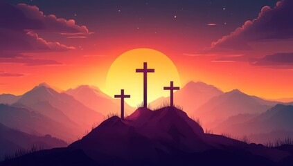 Three crosses stand silhouetted atop a hill against a vibrant sunset sky