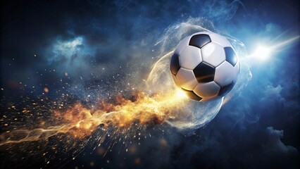 Fototapeta premium Dynamic Soccer Ball in Cosmic Blaze A Fiery Flight Through the Night Sky