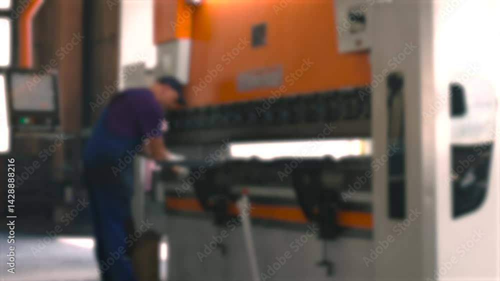 Poster in a bustling industrial workshop, an expert operator meticulously works at a bending machine, trans
