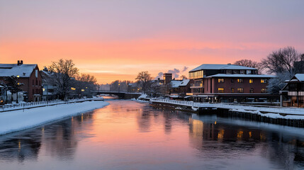 Naklejka premium Winter Sunrise Over Snowy Canal Town