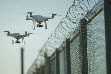 Drones patrol above a fenced border topped with barbed wire under a clear sky