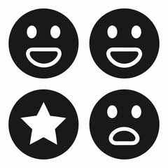 Design a solid black icon pack featuring diverse emoji and reaction icons, prioritizing clear, minimalist shapes suitable for various applications.