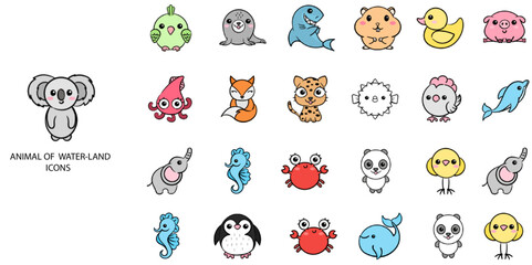 Animal of Land and Water simple concept 24 hand drawn color icons set. Contains such amphibian, animal, aquarium, aquatic, background .Vector illustration.
