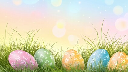 Colorful Easter eggs hidden in green grass against a pastel bokeh filled background