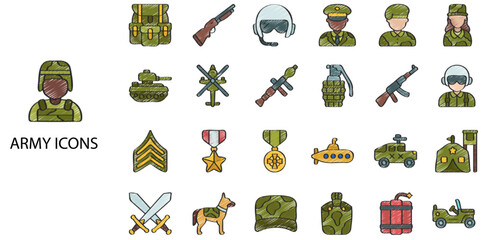 Army simple concept 24 hand drawn color icons set. Contains such armored tank, war, military, army, bomb .Vector illustration.