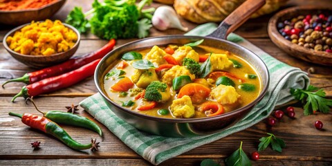 Savory Stew with Aromatic Spices and Colorful Vegetables in a Rustic Pan